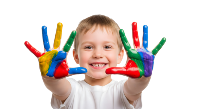 A young child joyfully displays their hands covered in vibrant paint, embodying creativity and imagination, isolated on transparent background
