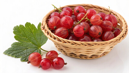 Red gooseberry in wicker basket on white background