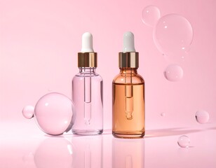 Elegant serum bottles with dropper and spheres on a light pink background