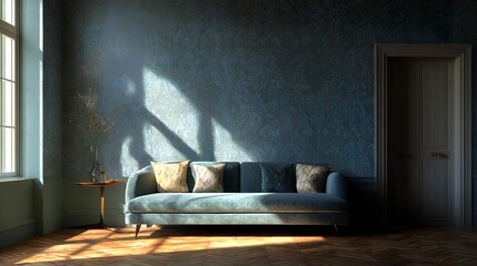 Vintage-inspired living room with blue patterned wallpaper, parquet flooring, and soft ambient lighting - 3D rendering  