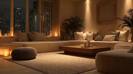 Warm and cozy living room at night with soft ambient lighting, beige decor, and comfortable pillows - 3D rendering 