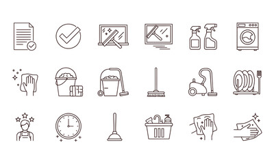 Fototapeta premium Set of outline icons for professional cleaning services, housekeeping, and domestic chores