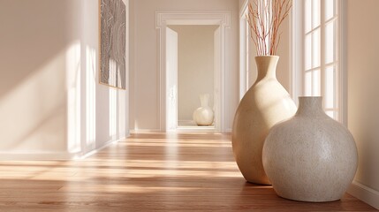 Warm and inviting home interior with hardwood floors, neutral walls, and decorative vases - 3D illustration  