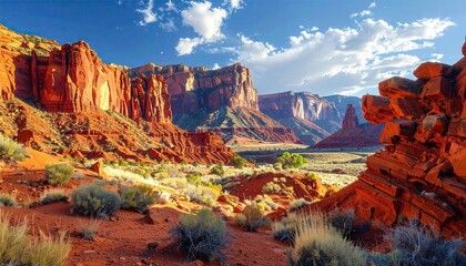 Scenic Red Rock Canyon Landscape Under Partly Cloudy Blue Sky Daytime Light in Arches National Park Utah USA