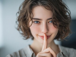 Naklejka premium Portrait of young woman with finger on lips making shushing gesture close up view