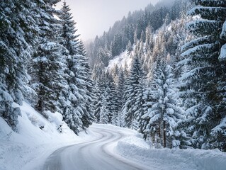 Obraz premium Snowy road through winter forest landscape with pine trees covered in snow scene