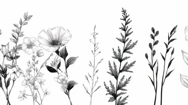 Monochrome floral pattern with flowers and grass against a white backdrop