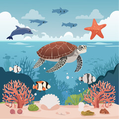 Naklejka premium Underwater World A Colorful Illustration Featuring Marine Life with a Turtle, Fish, and Coral Reef