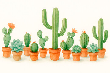Charming watercolor illustration of a row of potted cacti and succulents, each uniquely shaped and in soft green hues, in simple terracotta pots and adorned with delicate orange flowers.