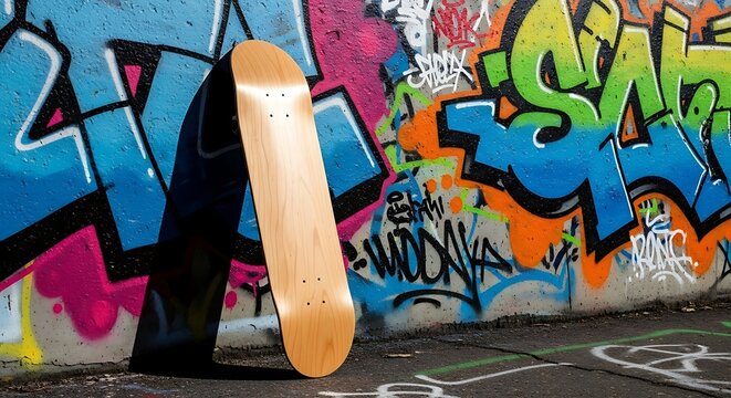 Skateboard Leaning Against Vibrant Graffiti Wall, Urban Art Scene, Street Style.