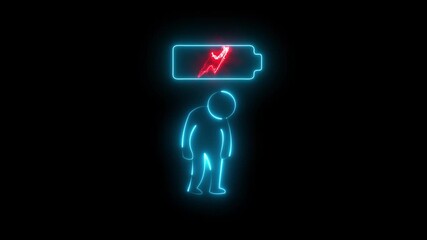 4K neon glowing video showing a low battery icon with a tired man, representing medical burnout, stress, and exhaustion. Ideal for healthcare, wellness, and mental health awareness campaign