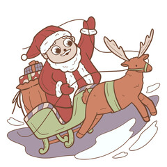 Santa Claus Riding Sleigh with Reindeer in Christmas Night
