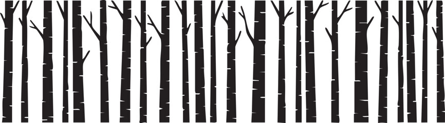 A row of stylized bare trees forming a barcode pattern silhouette isolated on white background