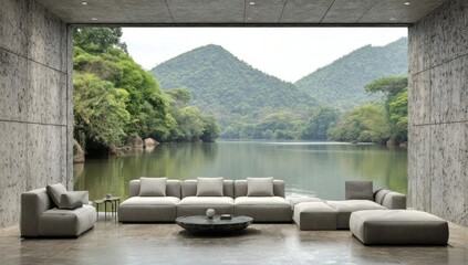 Modern sectional sofa set with a tranquil lake view.