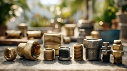Plumbing fittings showcase elbows tees couplings collection in a garden setting close-up view for home improvement