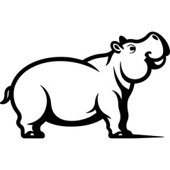 Fototapeta premium Young hippopotamus looks at the sky with curiosity. Engraving minimalistic vector in black ink drawing on transparent background