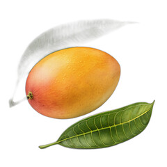 Ripe Mango with Leaf on transparent background
