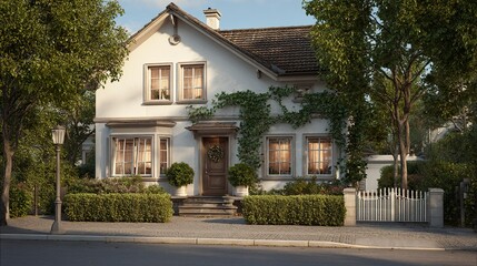 Well-kept family house with warm windows and decorative shrubs, realistic 3D housing model 