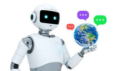 A Friendly Robot Holds the Earth with Communication Bubbles, Symbolizing Global Connectivity and Artificial Intelligence