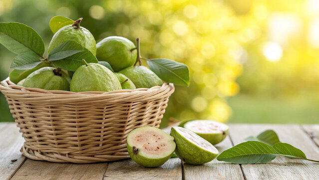 Fresh guava fruits in a basket on a wooden table with a blurred background
