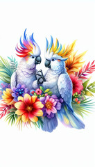 Affectionate Parrots Surrounded by Tropical Blooms