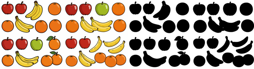 Apples, bananas, and oranges collection with transparent background