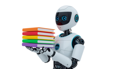 White Robot Holding Stack of Colorful Books, Symbolizing Knowledge and Technology Advancement