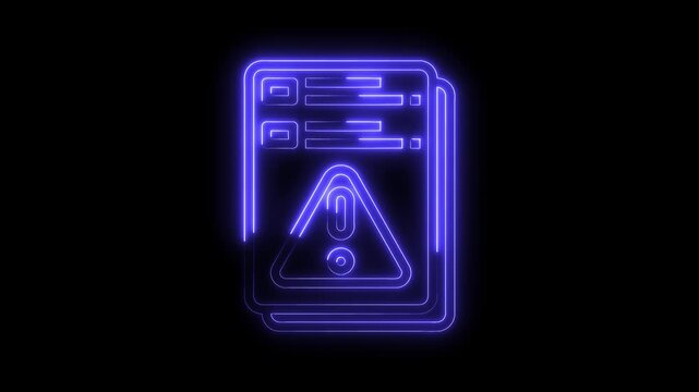 Neon style error document warning sign with file data information glowing on black background