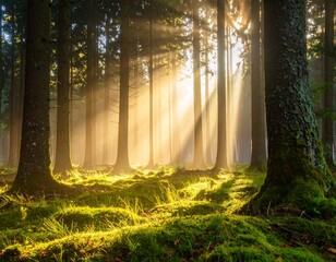 Misty forest sunrise