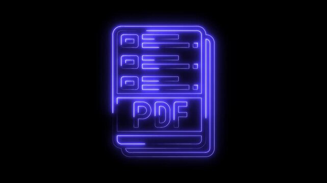 Glowing neon pdf file document icon animation on black background perfect for presentations