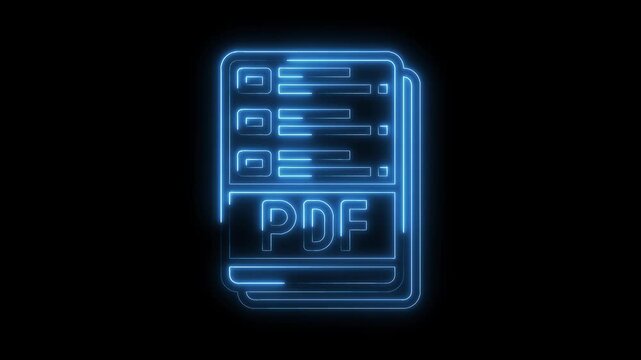 Glowing neon pdf file icon animation with electronic document outline on black background