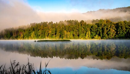 Misty lake reflecting forest