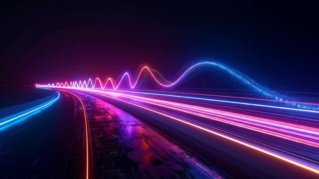 Abstract neon light trails on a dark background, futuristic concept.