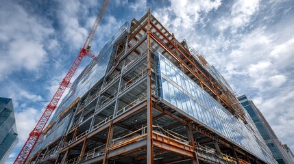 Wide-angle view of a commercial building under construction with steel framework and red crane  