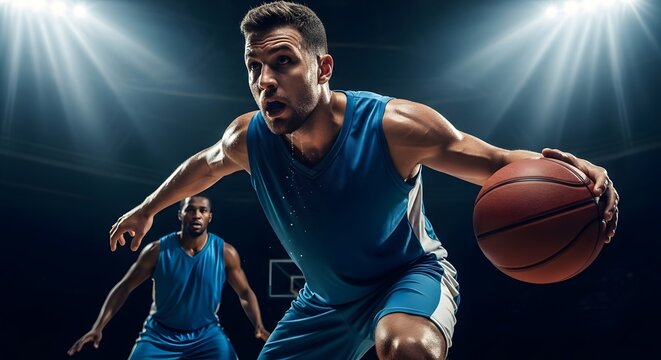 Intense basketball player dribbling ball under bright arena lights, focused on victory and athletic competition