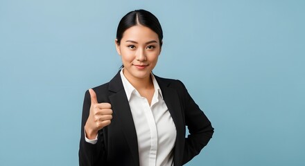 Confident businesswoman gives a cheerful thumbs up, radiating success and positive energy in a professional setting.