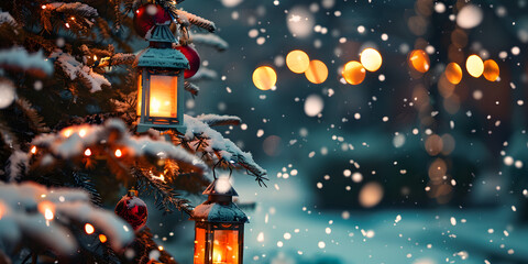 Captured within a serene, snowy winter landscape, illuminated lanterns cast warm, inviting light, complementing the soft glow of festive decorative lights and the vibrant red hues of seasonal...