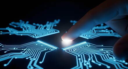 Finger touching glowing digital circuit board, symbolizing innovation, technology, and future connection in a modern, dynamic, and futuristic data concept.