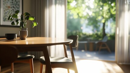 Sunny morning, dining room, patio view, plant. Home interior design