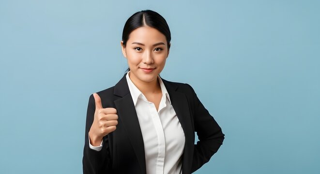 Confident businesswoman gives a cheerful thumbs up, radiating success and positive energy in a professional setting. - Powered by Adobe