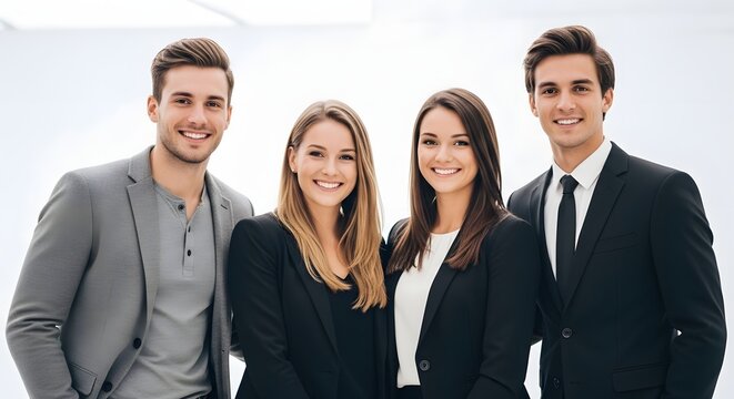 Confident young professionals, a diverse team smiling brightly, ready to conquer business challenges with modern style and collaborative spirit.