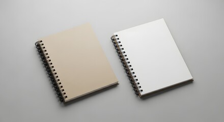 Two blank spiral notebooks, one beige, one white, lie open on a clean grey surface, ready for creative ideas and professional notes.