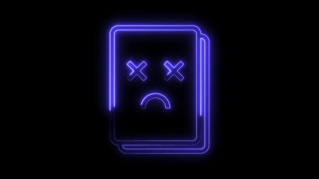 Neon document error screen with sad face isolated on black background animated video