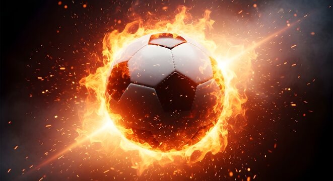 Dynamic soccer ball ablaze with intense fiery energy, igniting passion and thrilling action for sports enthusiasts and game promotions.