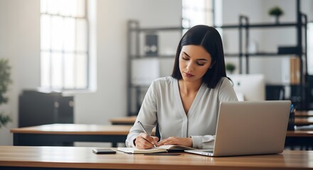 Focused businesswoman diligently taking notes at her desk, a modern office setting creating an atmosphere of productivity and professional growth.