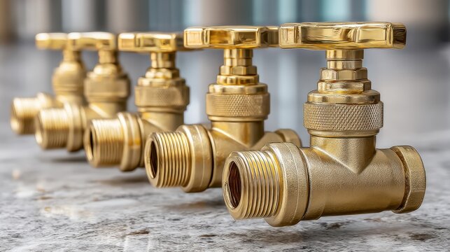 Brass shutoff and gate valves display industrial setting high-quality photography close-up view precision engineering