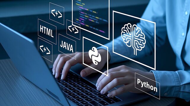 Developer coding with multiple programming languages on laptop, including Python, Java, and HTML, representing AI development, DevOps and modern software engineering.