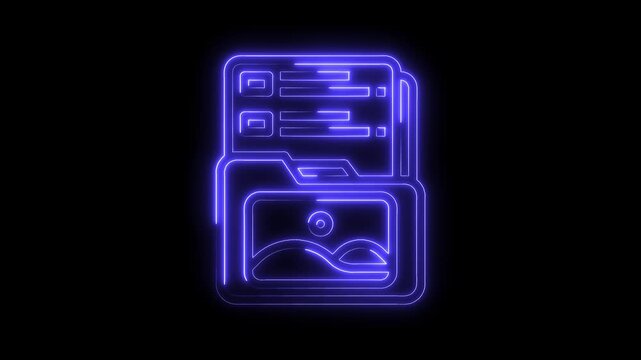 Neon folder with image icon glowing on black background for storage concept