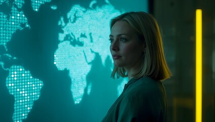 Confident businesswoman analyzes global market data on illuminated world map in modern, high-tech office environment