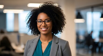 Fototapeta premium Confident professional woman with glasses smiles warmly, radiating success and competence in a modern office setting, perfect for business and corporate use.